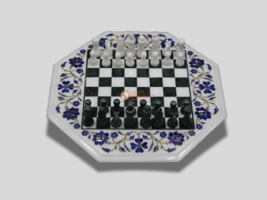 White Marble Lapis Lazuli Coffee Chess Table Top With Wooden Base